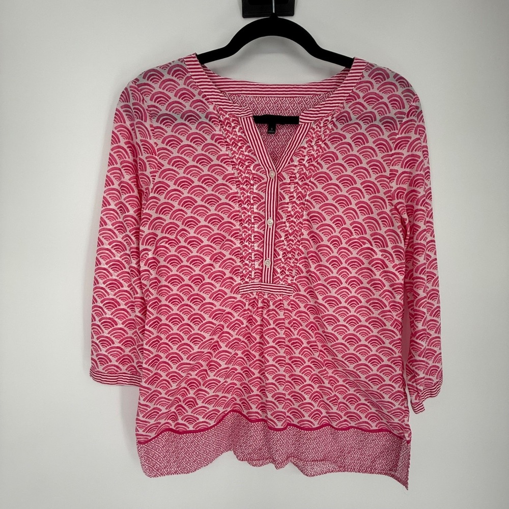 Talbots Shirt Womens Small Pink White Fan Print Cotton Beach Coastal Mermaid